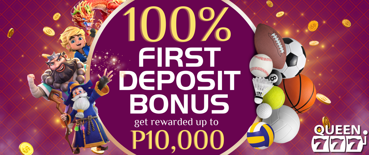 Queen777 100% First Deposit Slots and Sportsbook Bonus